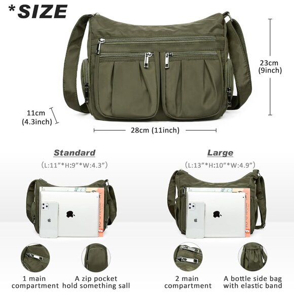 Women Army Green-m Nylon Water Resistant Anti Theft Crossbody Shoulder Bag - Picture 3 of 7